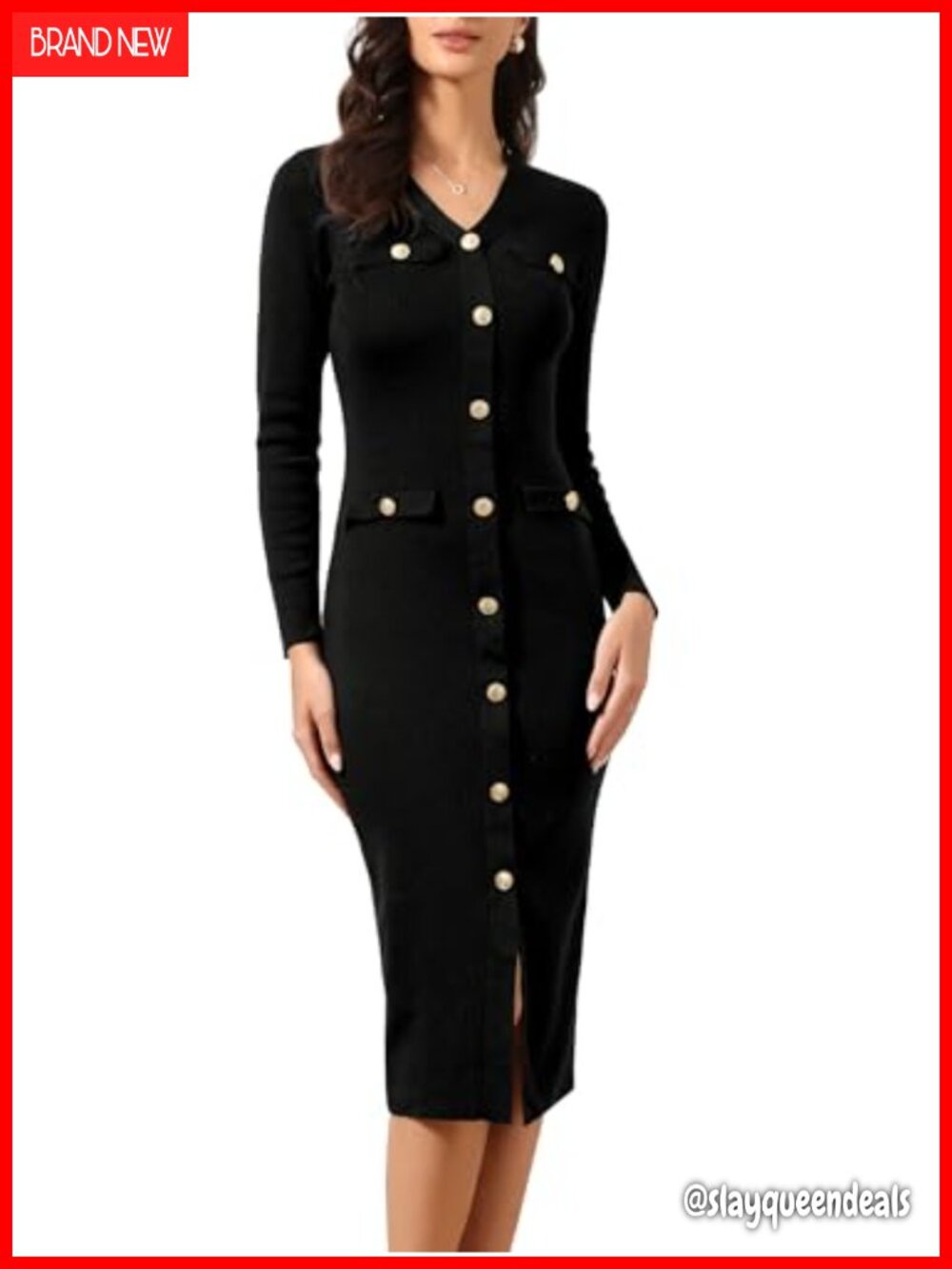 Womens V-Neck Bodycon Sweater Dress Long Sleeve Midi Knit